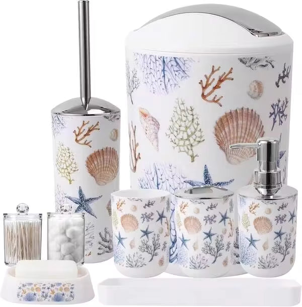 Bathroom Accessories Set 9-Piece Sea Pattern Bathroom Sets With Trash Can Bathroom Accessory Set Ocean Bathroom Accessories Set Home Bathroom Decor Summer Back To School