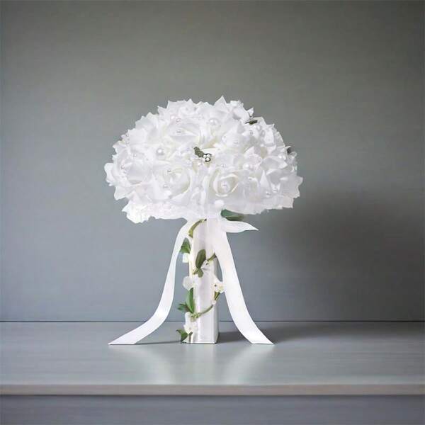 Wedding Bouquet Pearl Artificial Rose Flowers Bridal Bouquet With Ribbons For Special Occasions Summer Birthday Gifts Beach Back To School School Supplies Room Decor